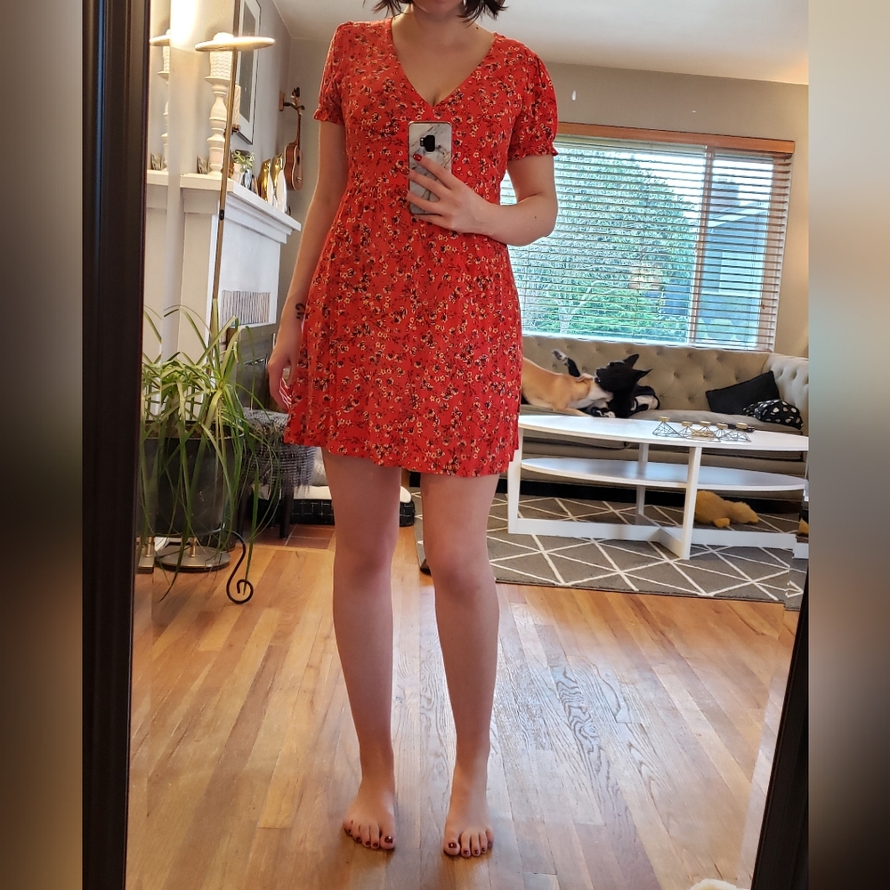 Floral Red Dress with V-Neck